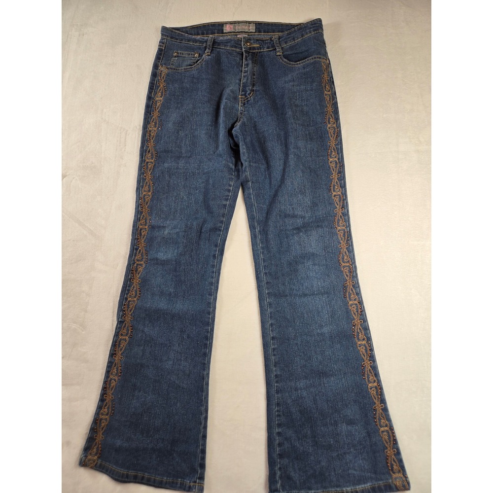 COS Jeans Womens 6 Dark Wash Beaded Embroidered Flare Leg Ramie Blend Denim‎